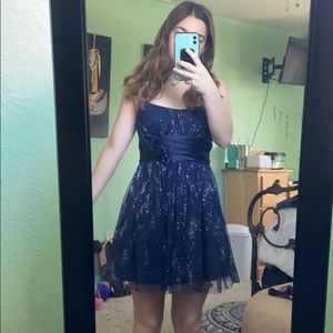 Silver sparkle navy blue formal cocktail dress